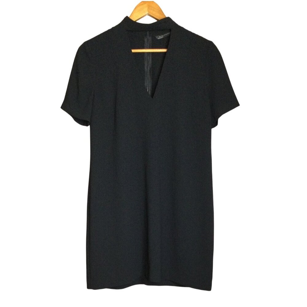 Zara Woman Black Dress Short Sleeve Cut out V-Neck Choker Mini Corporate Goth